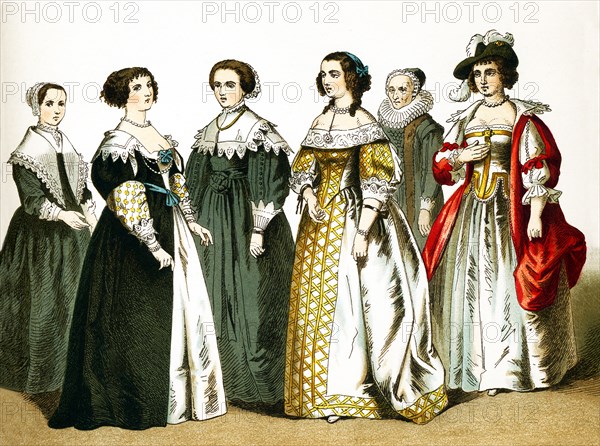 The figures illustrated here are women of various classes in the Netherlands in 1600. The illustration dates to 1882.