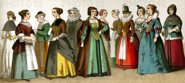 The figures represented here are women of various classes in the Netherlands in A.D. 1600. The illustrations dates to 1882.