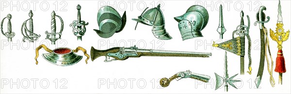 Shown here are miscellaneous military weapons that date to the 1600s. They are, from left to right, top to bottom: From 1600: four swords, three helmets, a partisan (weapon of the 16th and 17th centuries with long shaft and broad blade), two swords, a partisan, a gorget, a carbine, pistol, and a partisan. The illustration dates to 1882. Artifacts European 1600, artifacts European 1700, artifacts European 1800, artifacts European 17th century, artifacts European 18th century, artifacts European 19th century, swords, helmets, partisan, gorget, carbine, pistol, vase, guitar, press, secretaire, chair, tabouret, table, commode, clock, bed, from 1700: a bed, a toilette table, two chairs, three tables, a sofa, a mirror, a chair. two clocks, a chair. two sofas, a chair, a fire screen, three chairs, a table, a seat, a table, a candlestick, a seat, a piano-forte, two tables, a commode, a corner cupboard, a press, a clock, a cup, a fire screen; from 1700-1800: a sofa, a chair, a bookcase, four ch...