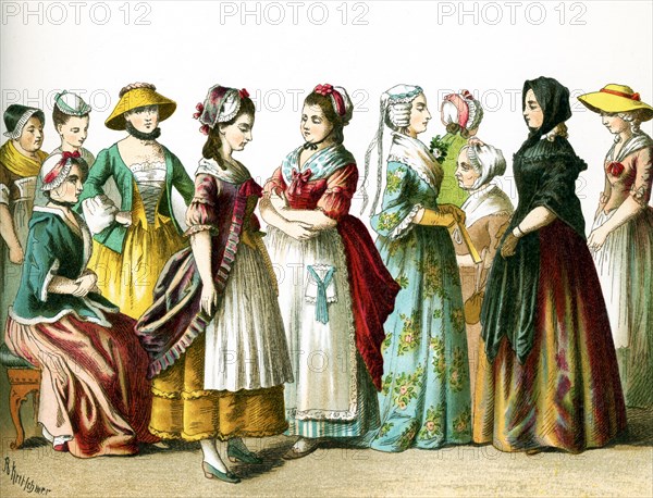 The figures pictured here are German female citizens in 1700. This illustration dates to 1882.