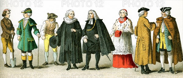 The figures picture here are Germans in 1700. They are, from left to right: peasant, traveling costume, peasant, Protestant clergyman, costume of the Magistracy, bishop, two citizens. This illustration dates to 1882.