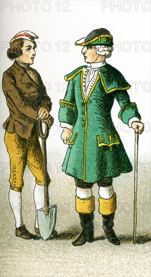 The figures picture here are Germans in 1700. They are, from left to right: a peasant and a German in traveling costume. This illustration dates to 1882.