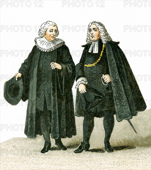 The figures picture here are Germans in 1700. They are, from left to right: a Protestant clergyman and a costume of the Magistracy. This illustration dates to 1882.