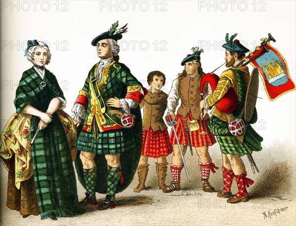 This illustration dating to 1882 shows five Scottish figures around 1700, from left to right: Lady of Rank, Highland Gentleman, young Scottish boy, and two clansmen.