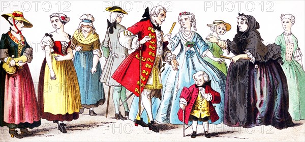 Pictured here are Scottish nobles and commoners around 1700. They are, from left to right: three women, two men of rank, a lady of rank, a young noble boy, a woman, and two ladies of rank. This illustration dates to 1882.