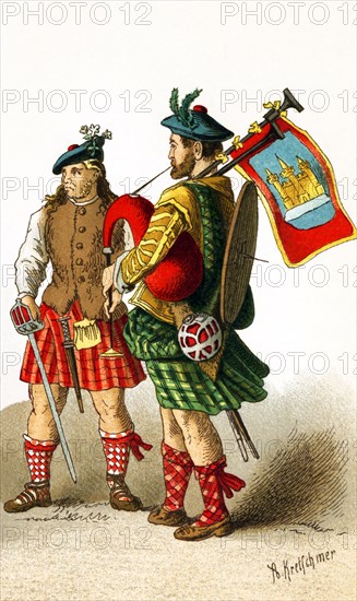 This illustration dating to 1882 shows a Scottish clansman and bagpiper around 1700.