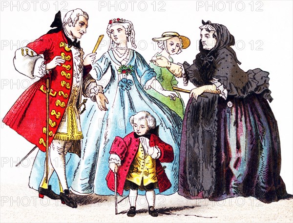 Pictured here are Scottish nobles and a commoner around 1700. They are, from left to right: a man of rank, a lady of rank, a young noble boy, a woman, and another lady of rank. This illustration dates to 1882.