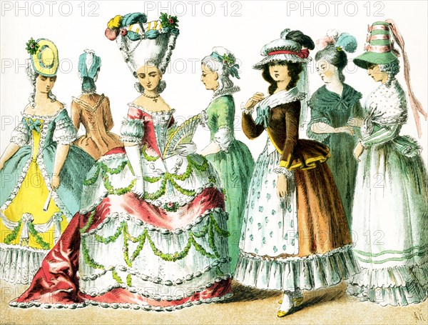 Shown here are French women between 1750 and 1800.They are from left to right: four ladies of rank, two ladies in 1785, and a lady in 1790.This illustration dates to 1882.