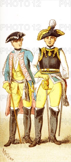 The Figures represented here are both Germans in 1700s and are, from left to right: an officer of dragoons and a general of cuirassiers. The illustration dates to 1882.