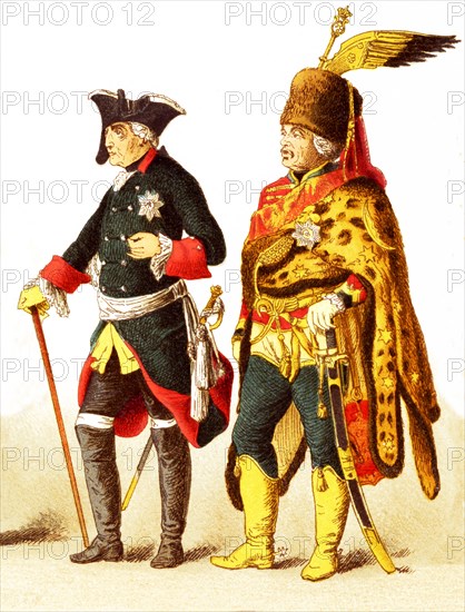 The Figures represented here are all Germans in 1700s and are, from left to right: an officer of dragoons, general of cuirrasiers, Frederick II, General Ziethen, officer of infantry of the guard. The illustration dates to 1882.