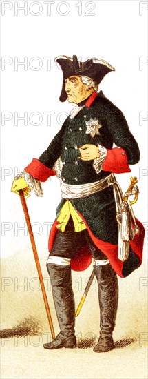 The Figures represented here are all Germans in 1700s and are, from left to right: an officer of dragoons, general of cuirrasiers, Frederick II, General Ziethen, officer of infantry of the guard. The illustration dates to 1882.