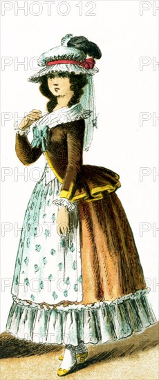 Shown here is a French lady in 1790. This illustration dates to 1882.