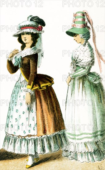 Shown here are French women between 1750 and 1800. They are from left to right: a lady in 1785 and a lady in 1790. This illustration dates to 1882.