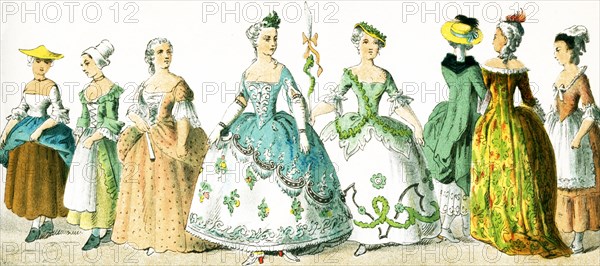 Shown here are French women between 1750 and 1800.They are from left to right: tradeswoman, country woman, lady of rank in 1755; two costumes of balls and masks; three walking and house dresses in 1770.This illustration dates to 1882.