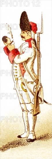 The Figure represented here is an Austrian grenadier in 1748. The illustration dates to 1882.