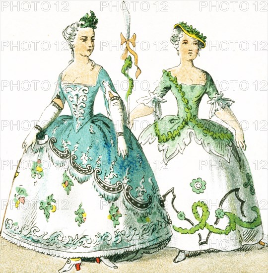 Shown here are two French women between 1750 and 1800. They are from left to right: two costumes of balls and masks. This illustration dates to 1882.