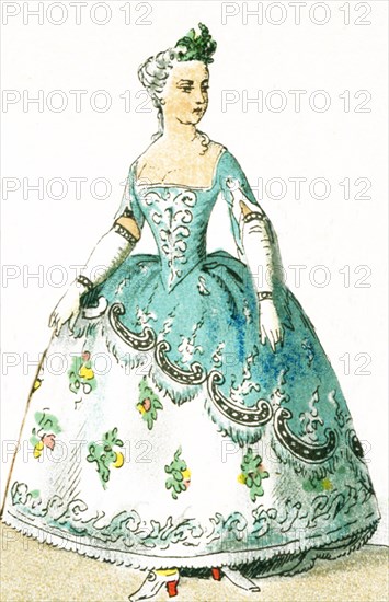 Shown here is a French woman dressed in a costume for a ball between 1750 and 1800. This illustration dates to 1882.