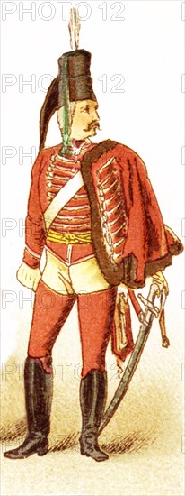 The Figure represented here is a German Hussar in the 1700s. The illustration dates to 1882.