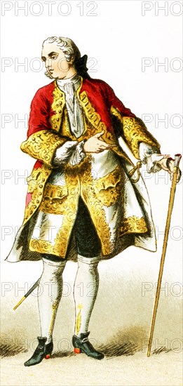 The figure represented here is a French noble from 1700 to 1750 A.D. The illustration dates to 1882.