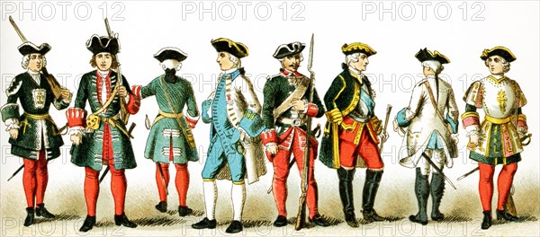 The figures represented here are French people from 1700 to 1750 A.D. They are, from left to right: top row‚Äîpalace guard, two guardsmen under Louis XV, officer, guardsman under Louis XV, general, regiment of Poitou, palace guard in 177. The illustration dates to 1882.