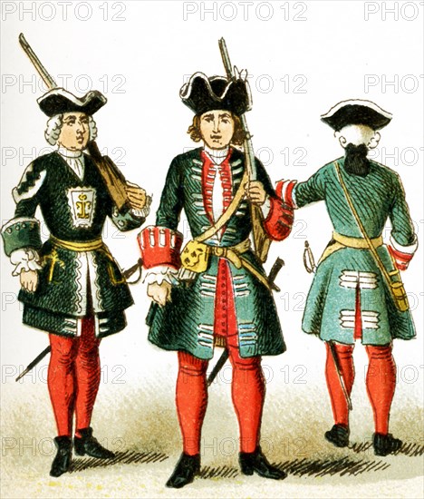 The figures represented here are French people from 1700 to 1750 A.D. They are, from left to right: a palace guard and two guardsmen under Louis XV. The illustration dates to 1882.