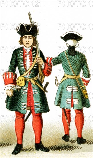 The figures represented here are two French guardsmen under Louis XV from 1700 to 1750 A.D. The illustration dates to 1882.