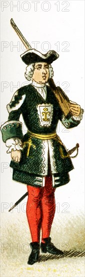 The figure represented here is a French palace guard from 1700 to 1750 A.D. The illustration dates to 1882.