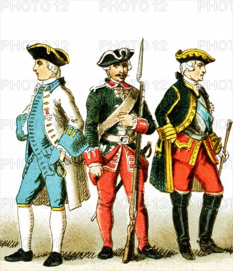 The figures represented here are French people from 1700 to 1750 A.D. They are, from left to right: an officer, a guardsman under Louis XV, and a general. The illustration dates to 1882.