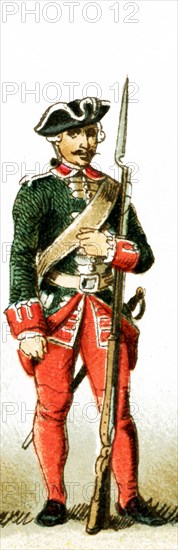 The figure represented here is a French guardsman under Louis XV from 1700 to 1750 A.D. The illustration dates to 1882.