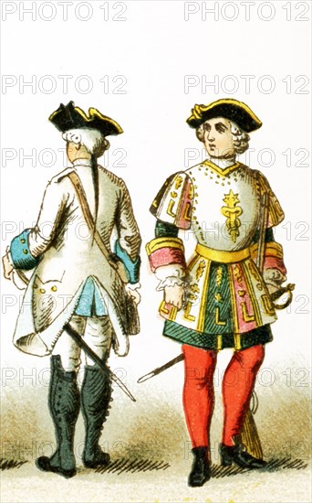 The figures represented here are French people from 1700 to 1750 A.D. They are, from left to right: a member of the regiment of Poitou and a palace guard in 1772. The illustration dates to 1882.