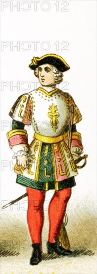 The figure represented here is a French palace guard in 1772 A.D. The illustration dates to 1882.