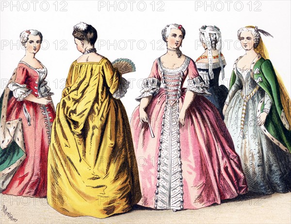 The figures illustrated here represent French ladies of rank‚Äîupper class women‚Äîbetween 1700 and 1750. The illustration dates to 1882.