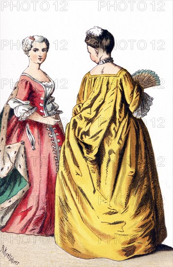 The figures illustrated here represent French ladies of rank‚Äîupper class women‚Äîbetween 1700 and 1750. The illustration dates to 1882.