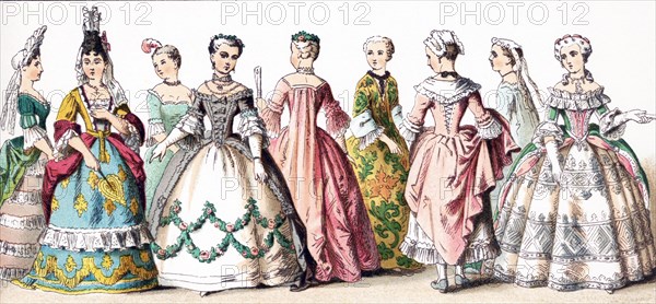 The figures illustrated here represent French ladies of rank‚Äîupper class women‚Äîbetween 1700 and 1750. The illustration dates to 1882.