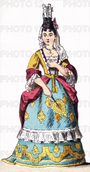 The figure illustrated here represents a French lady of rank‚Äîupper class woman‚Äîbetween 1700 and 1750. The illustration dates to 1882.