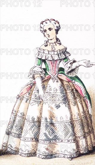 The figure illustrated here represents a French lady of rank‚Äîupper class woman‚Äîbetween 1700 and 1750. The illustration dates to 1882.