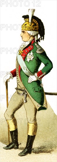 The figure pictured here represents a Colonel of Dragoons from around 1700. The illustration dates to 1882.