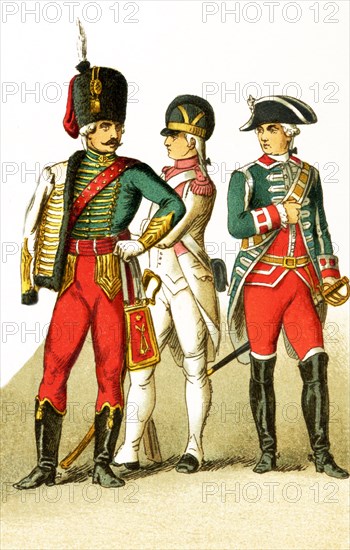 The figures pictured here represent military figures in Europe from around 1700. They are, from left to right: Officer of Hussars, Infantry of the Line, Body Guard. The illustration dates to 1882.