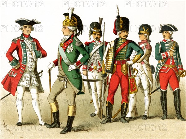 The figures pictured here represent military figures in Europe from around 1700. They are, from left to right: officer of the Swiss Guard, Colonel of Dragoons, Grenadier General, Officer of Hussars, Infantry of the Line, Body Guard. The illustration dates to 1882.