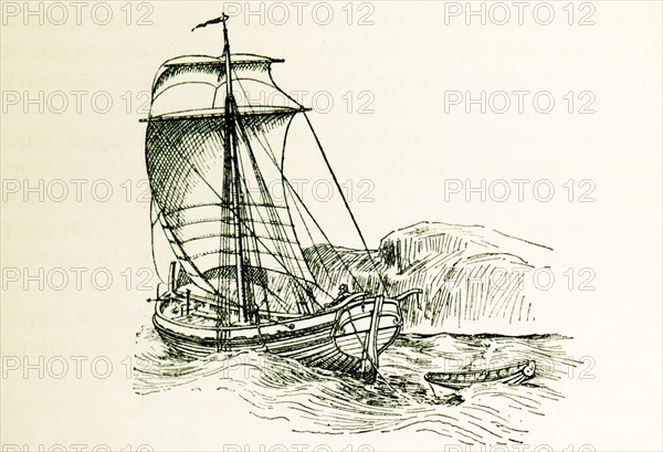 This illustration of a Norwegian Jaegt dates to the 1890s. The vessel has a single mast, a square sail, square topsail, and a bonnet to the square sail. The word ""yacht"" is derived from the Norwegian jaegt. From these vessels was evolved the cutter, a single-masted craft rigged with fore-and-aft mainsail, foresail, and jib, carrying a square topsail and sometimes a topgallantsail over it.