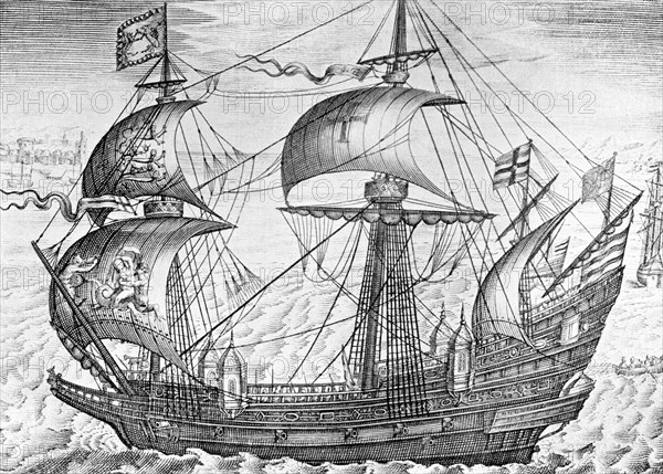 A galleon was a type of sea-going vessel used in 1400s and 1500s. The one pictured here was of the style dominant in the time of Elizabeth I (1533-1601). They had three masts and were square-rigged, with a high bow and and an especially high stern that was ornamented with carvings. .