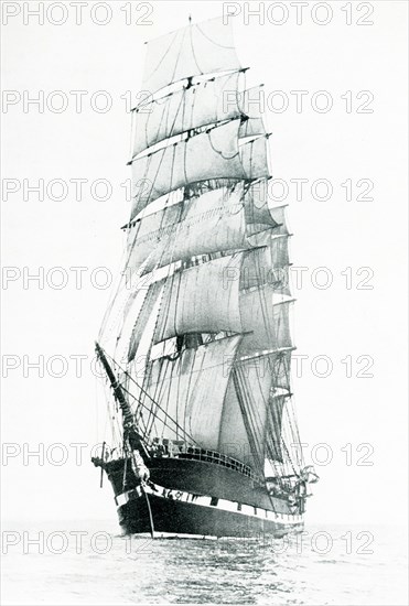 This image shows the Iron Barque Macquarie that was built in 1875. 'Macquarie' was a three-masted ship-rigged vessel, built as the 'Melbourne' by R. & H. Green of Blackwall for their Blackwall line run to Australia. She was sold to Devitt & Moore in 1888 and they changed her destination port from Melbourne to Sydney and her name to 'Macquarie'. She was one of Devitt & Moore's best known ships and mainly carried passengers on the outward run. On the return journey, the second- and third-class cabins were dismantled to accommodate a cargo of wool.