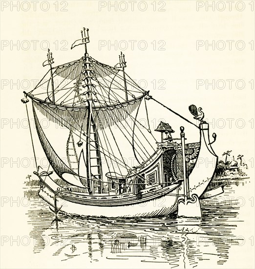 This illustration of a Burmese junk dates to the 1890s. Note the A-shaped mast, the squaresail, the steering paddle at the side, and the sweep of the lines of its hull, coming right from the overhanging bow to the raised overhanging poop.