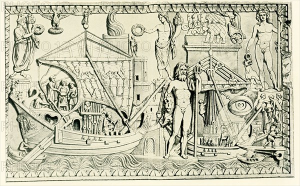 Shown here in this early 1900s illustration are Roman merchant ships. Note that by the upper left sail on the left are figures of the twins Romulus and Remus suckling the wolf. .