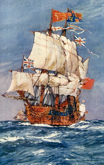 This illustration of a 17th-century English warship under full sail is an adaptation of a similar scene painted by English artist Charles Dixon (1872-1934).