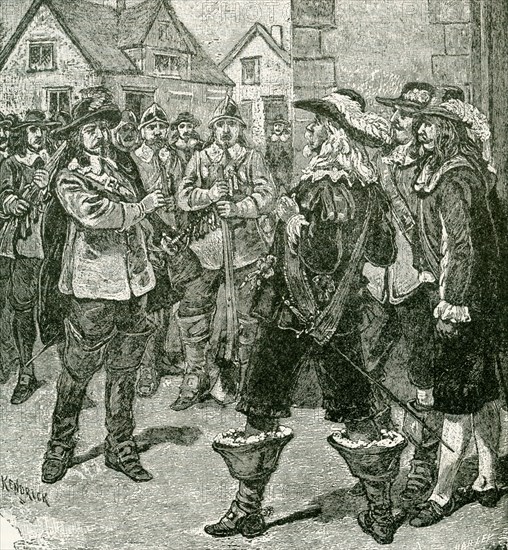 In this 1890s illustration, Governor Sir William Berkeley pardons Nathaniel Bacon but then changes his mind. On June 23, 1676, Nathaniel Bacon returns to Jamestown with 500 men and demands Governor Sir William Berkeley commission him as a general to lead the colony against the Indians. After a standoff, the governor yields to Bacon's demands. Bacon's Rebellion was an armed rebellion that took place 1676-1677 by Virginia settlers led by Nathaniel Bacon against the rule of Governor William Berkeley. .