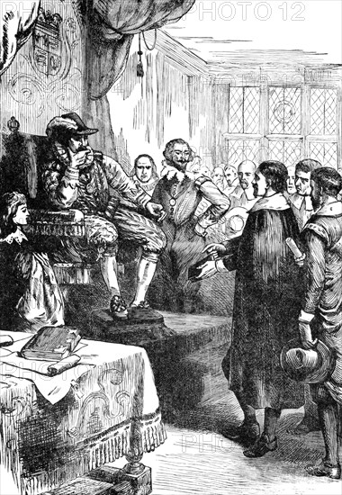 The reign of James I of England, which was from 1603-1625, saw the beginning of English colonization in North America. The conflict between James I (and his successor Charles I) and the large middle-class parliamentary party became known as the Puritan Revolution. The Puritan movement began in the reign of James's predecessor, Elizabeth I, and promoted reform in the Church of England. In this late 1800s engraving, Puritan representatives are shown in conference with James I.