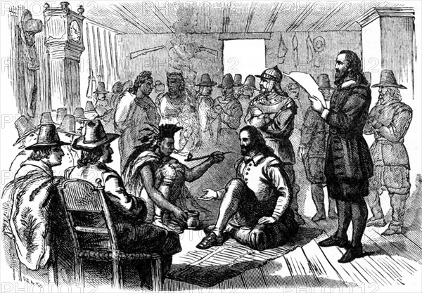 In the spring of 1621, Captain Standish and William Brewster came to a formal agreement, a treaty of friendship, with Massasoit, in a house that was just being built in Plymouth Colony at the time. They sat on the floor, on a green rug, and three or four cushions, as is depicted in this early 1890s illustration. The Pilgrims had come to the New World in 1620. .