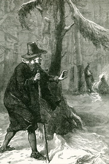 This 1890s illustration shows Roger Williams (1603-1683) seeking refuge among the Indians. Williams was a Puritan minister, theologian, and author who founded Providence Plantations, which became the Colony of Rhode Island. in October 1635, the General Court tried Williams and convicted him of sedition and heresy and ordered that he be banished. In January 1636, he slipped away during a blizzard and traveled 55 miles through the deep snow, from Salem to Raynham, Massachusetts where the local Wampanoags offered him shelter at their winter camp., as seen here. Sachem Massasoit hosted Williams there for the three months until spring. .