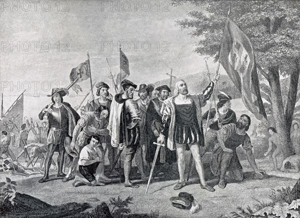 Christopher Columbus sought economic support for an expedition west across the Atlantic Ocean to the rich lands of the East, including India. After the courts of Italy and Portugal refused to sponsor him, he met with success at the Spanish court of Ferdinand and Isabella. and sailed in 1492. This illustration, dating to 1896, shows Columbus and his crew landing on the island that he called Hispaniola (present-day Dominican Republic and Haiti) and claiming it for Spain.